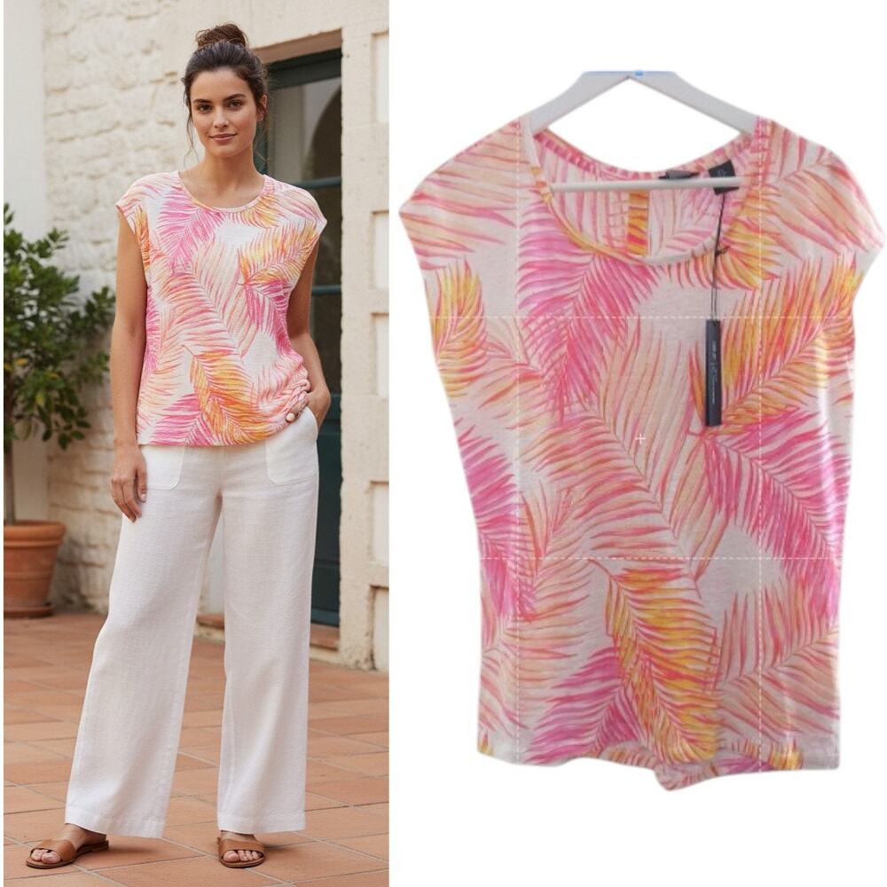 Tahari Linen Top Women's Sz M Multicolor Tropical Print Cap Sleeve Button Back